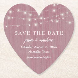 Save the Date Rustic Farmhouse String Lights Pink Paper Coaster