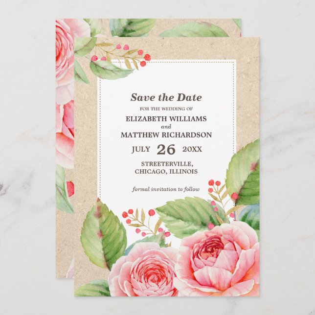 Save the Date. Rustic Floral Wedding Announcements (Front/Back)