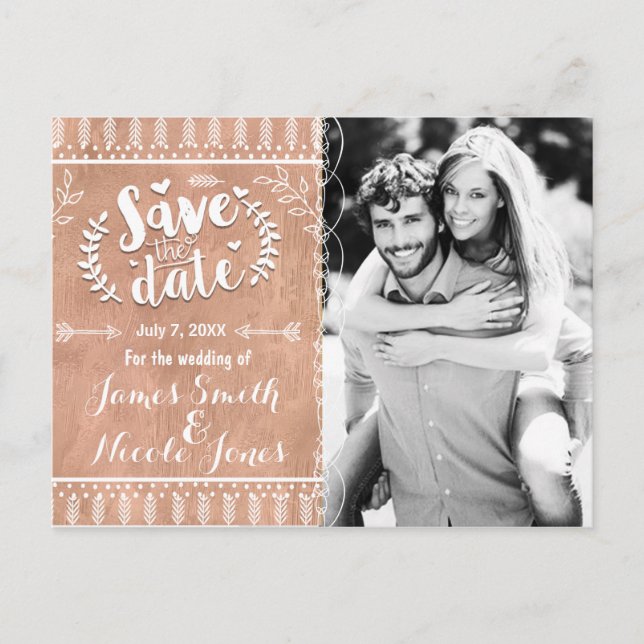 Save the Date Rustic Glam Rose Gold Photo Announcement Postcard (Front)