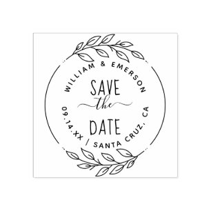 Save The Date Rustic Hand-Drawn Sprigs & Script Rubber Stamp