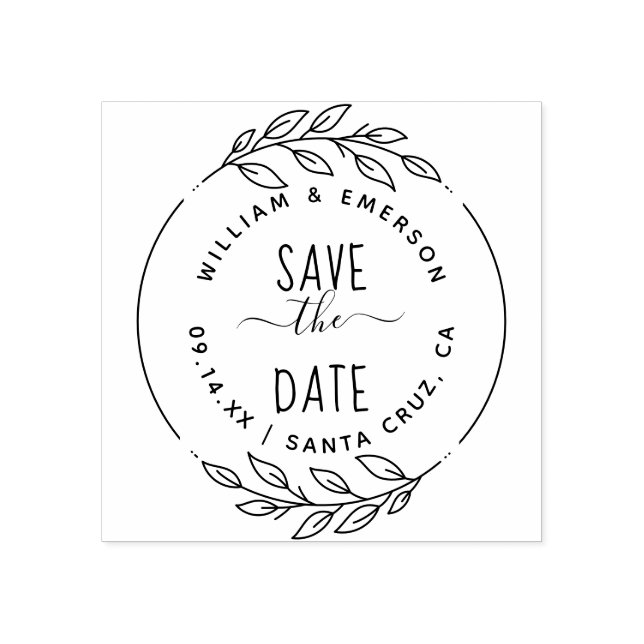 Save The Date | Rustic Hand-Drawn Sprigs & Script Rubber Stamp (Imprint)