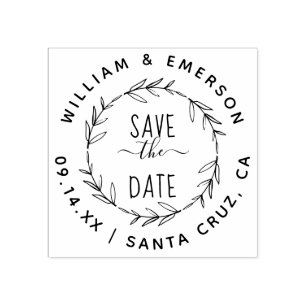 Save The Date Rustic Hand Drawn Wreath Wedding Rubber Stamp