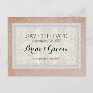 Save the Date Rustic Lace w Aged Vintage Linen Announcement Postcard