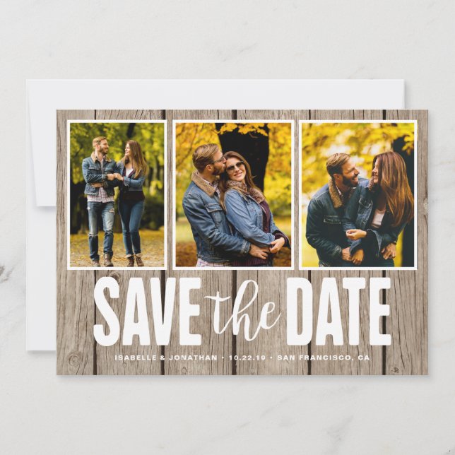 Save the Date Rustic Light Wood 3 Photo Collage (Front)