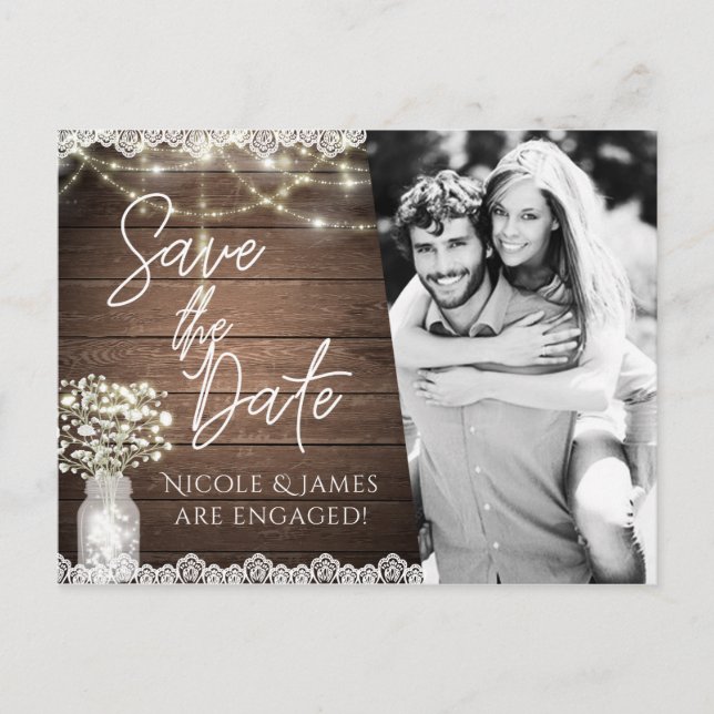 Save the Date Rustic Mason Jar Baby's Breath Photo Announcement Postcard (Front)