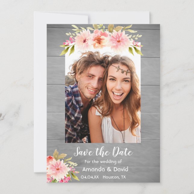 Save the date rustic photo card dahlia flowers (Front)