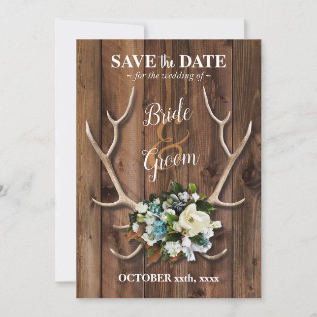 Save the Date rustic romantic antler w/magnolia (Front)
