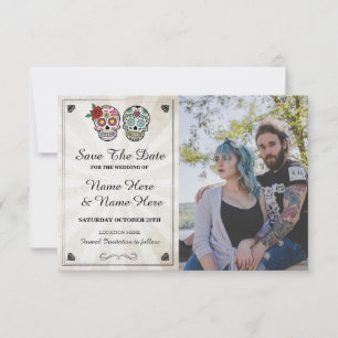 Save The Date Rustic Sugar Skulls Photo Card