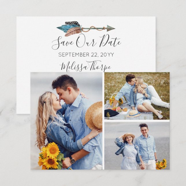 Save The Date Rustic Turquoise Feather Arrow Photo Invitation (Front/Back)