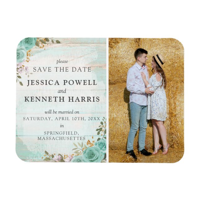 Save The Date Rustic Turquoise Floral Custom Photo Magnet (Horizontal)