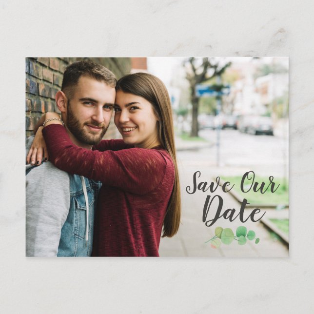 Save The Date Rustic Wood & Eucalyptus Botanical Announcement Postcard (Front)