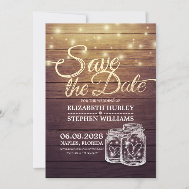 Save The Date Rustic Wood Mason Jar String Lights (Front)