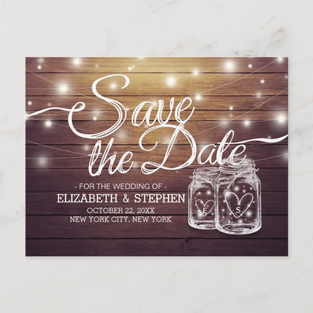 Save The Date Rustic Wood Mason Jar String Lights Announcement Postcard (Front)