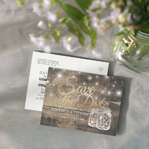 Save The Date Rustic Wood Mason Jar String Lights Announcement Postcard
