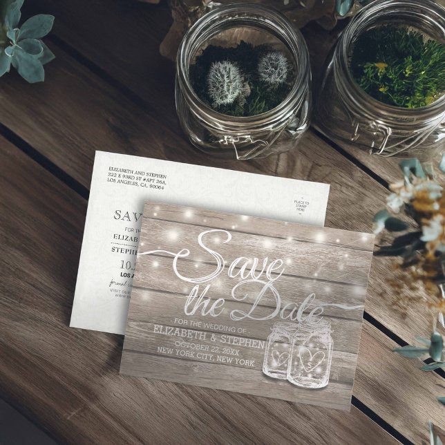 Save The Date Rustic Wood Mason Jar String Lights Announcement Postcard (Creator Uploaded)