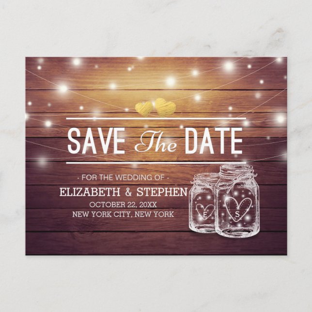 Save The Date Rustic Wood Mason Jar String Lights Announcement Postcard (Front)
