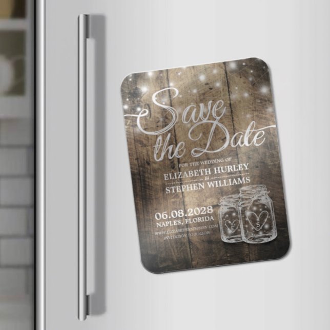 Save The Date Rustic Wood Mason Jar String Lights Magnet (Creator Uploaded)