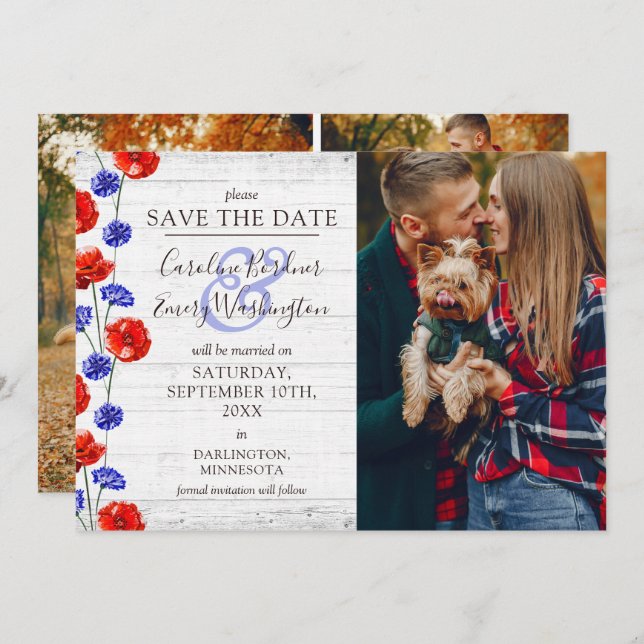 Save The Date Rustic Wood Red Poppy 4-Photo Card (Front/Back)