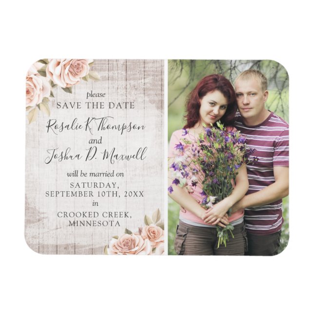 Save The Date Rustic Wood & Romantic Roses Photo Magnet (Horizontal)