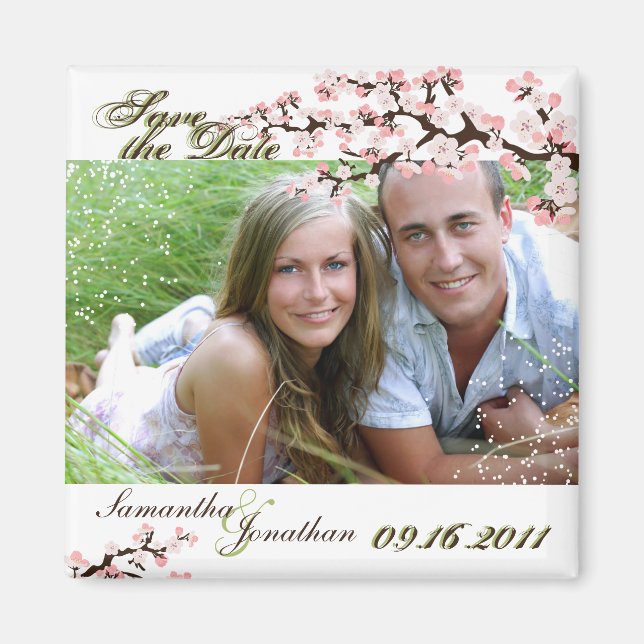 Save the Date Sage Green Cherry Blossom Magnet (Front)