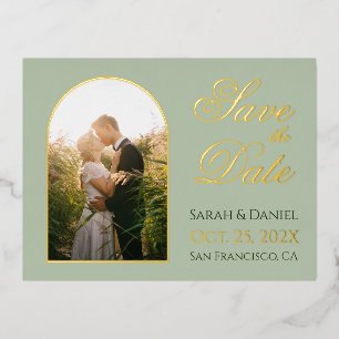 Save the Date Sage Green Photo in Arch Script Gold Foil Invitation Postcard
