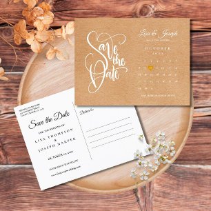 Save the Date Script Calendar Gold Heart Postcard