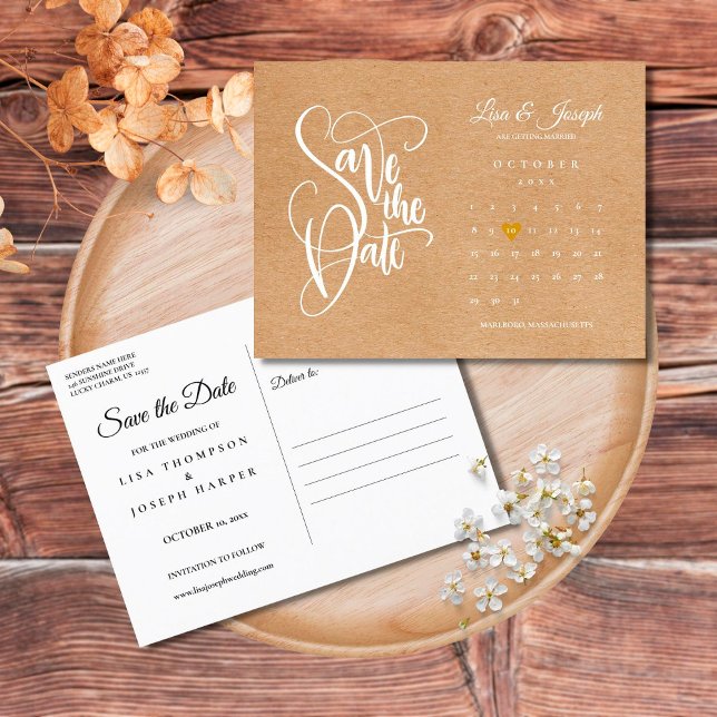 Save the Date Script Calendar Gold Heart Postcard (Creator Uploaded)