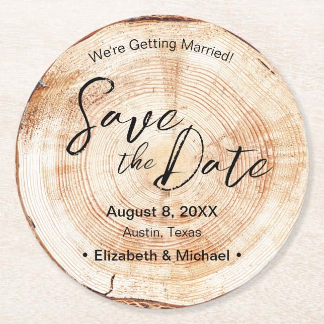Save the Date Script Faux wood Grain Wedding Round Paper Coaster (Front)