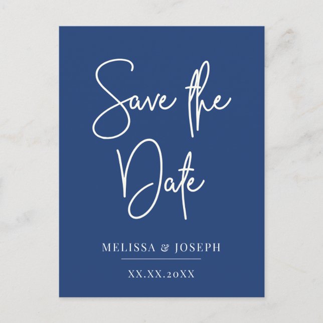 save the date script on classic blue announcement postcard (Front)