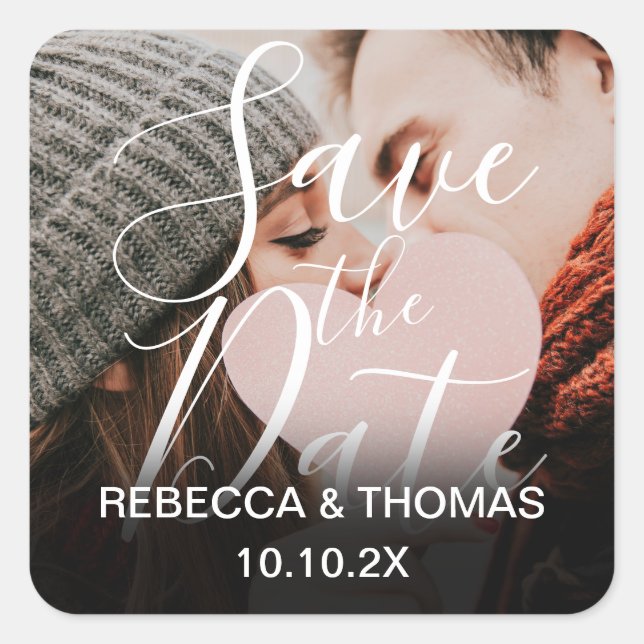 Save the Date Script Personalised Names Photo Square Sticker (Front)