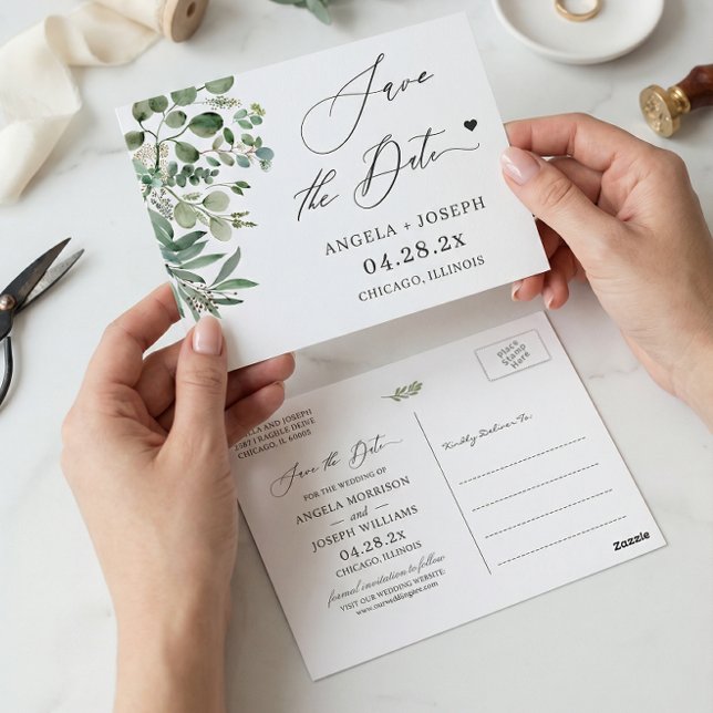 Save the Date Script Simple Elegant Eucalyptus Postcard (Creator Uploaded)