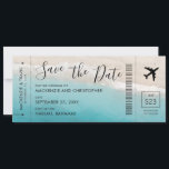 Save the Date Script Tropical Beach Boarding Pass<br><div class="desc">Modern, fun, and unique Save the Date Boarding Pass Plane Ticket destination beach wedding announcement card with tropical teal blue turquoise water and sandy beach waves photo background with black elegant script text design. Aeroplane text colours are all editable in the advanced designer so you can design your own travel...</div>