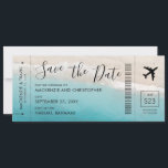 Save the Date Script Tropical Beach Boarding Pass<br><div class="desc">Modern, fun, and unique Save the Date Boarding Pass Plane Ticket destination beach wedding announcement card with tropical teal blue turquoise water and sandy beach waves photo background with black elegant script text design. Aeroplane text colours are all editable in the advanced designer so you can design your own travel...</div>