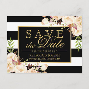 Save the Date - Shades of Ivory Floral Stripes Announcement Postcard