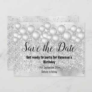 Save the Date Silver Balloons Glitter Announcement Postcard