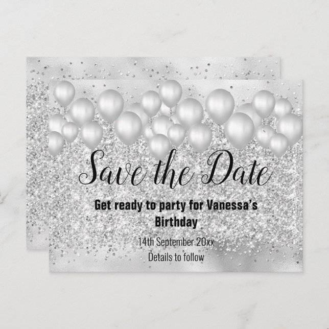 Save the Date Silver Balloons Glitter Announcement Postcard (Front/Back)
