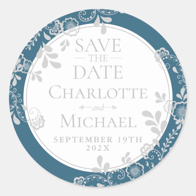 Save the Date Silver Blue Victorian Floral Lace Classic Round Sticker (Front)