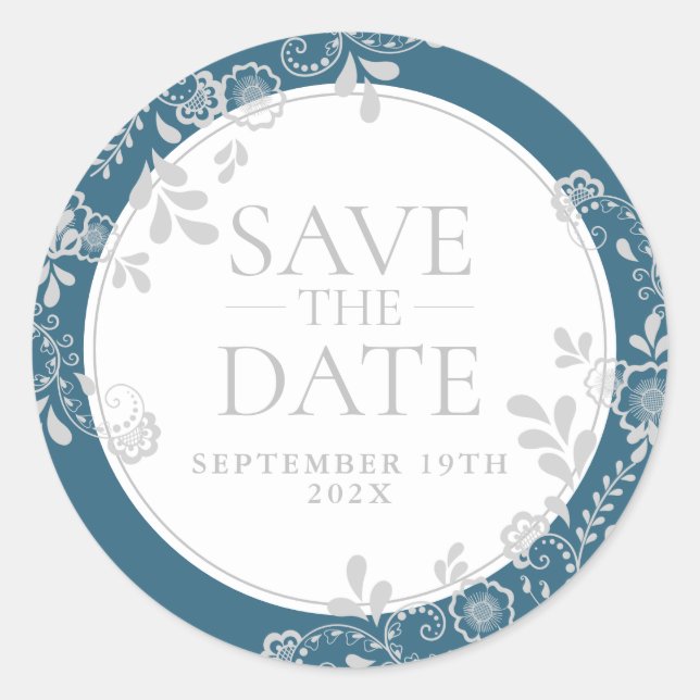 Save the Date Silver Blue Victorian Floral Lace Classic Round Sticker (Front)