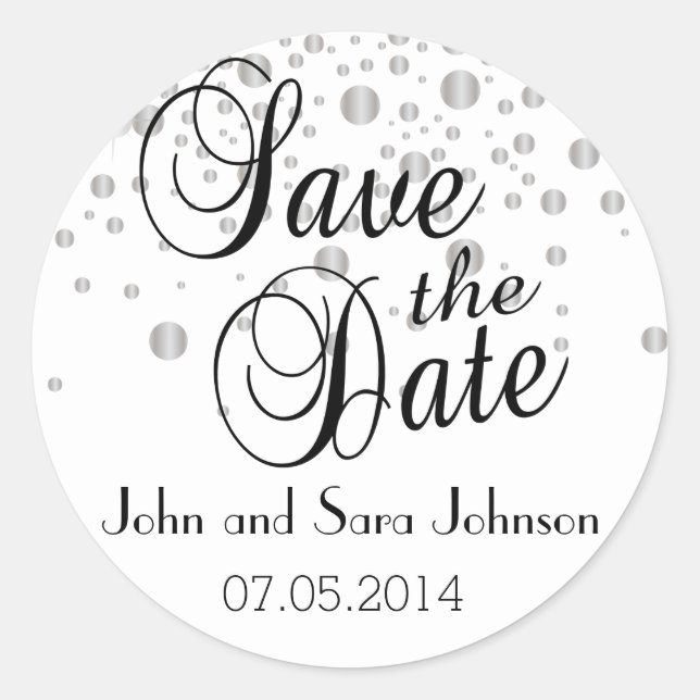 Save the Date | Silver Dots| Personalise Classic Round Sticker (Front)
