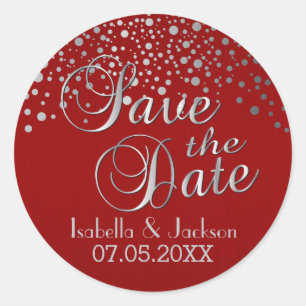 Save the Date   Silver Dots & Red   Personalise Classic Round Sticker