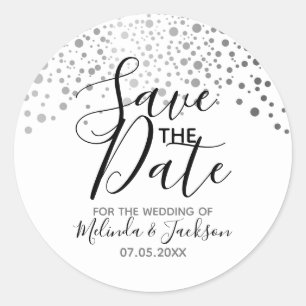 Save the Date   Silver Grey Dots Classic Round Sticker
