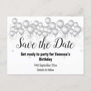 SAVE THE DATE SILVER WHITE BLACK Balloons Announcement Postcard