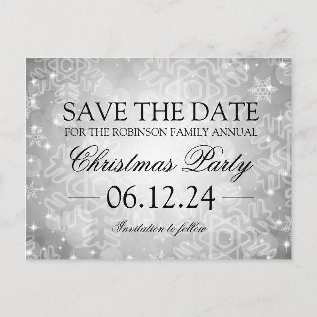 Save The Date Silver Winter Christmas Bokeh Announcement Postcard (Front)