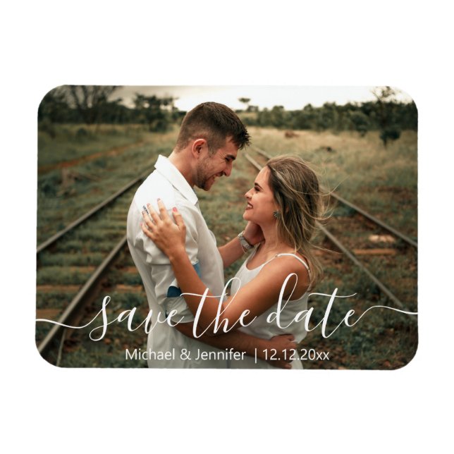 save the date simple handwriting couple photo magnet (Horizontal)