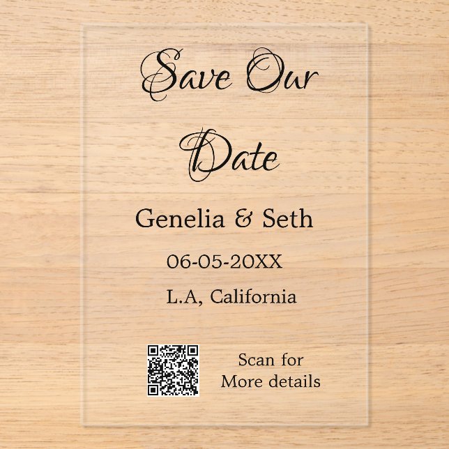 Save the date simple minimal QR scan code details  Acrylic Invitations (Front)