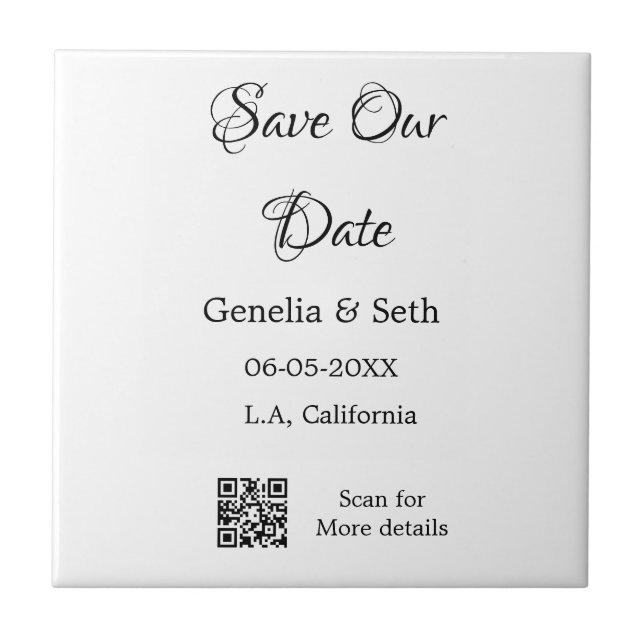 Save the date simple minimal QR scan code details  Ceramic Tile (Front)
