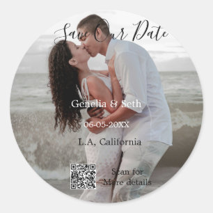 Save the date simple minimal QR scan code details Classic Round Sticker