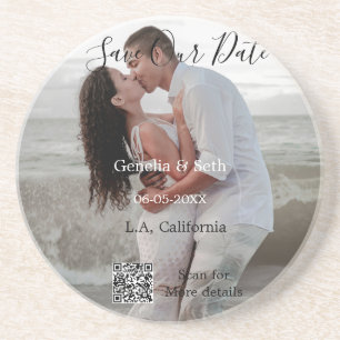 Save the date simple minimal QR scan code details Coaster