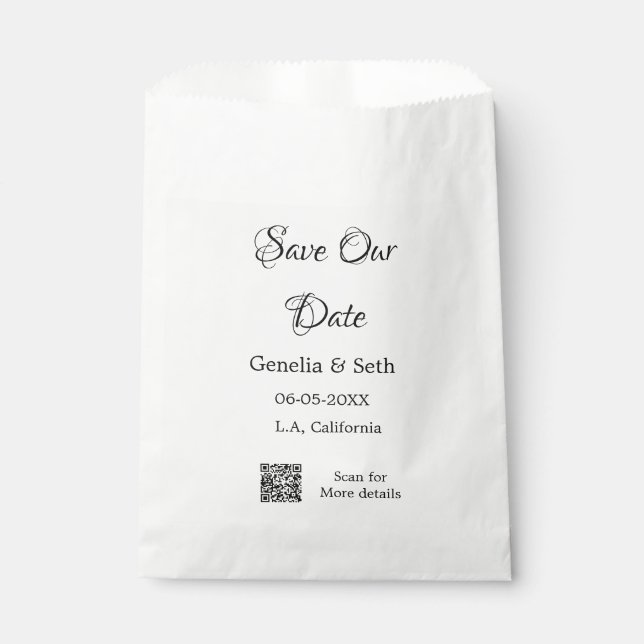 Save the date simple minimal QR scan code details  Favour Bag (Front)