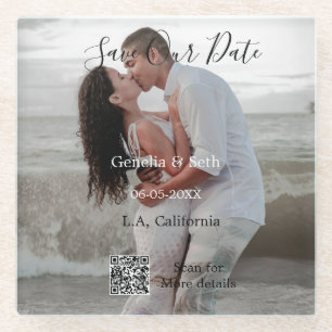 Save the date simple minimal QR scan code details  Glass Coaster